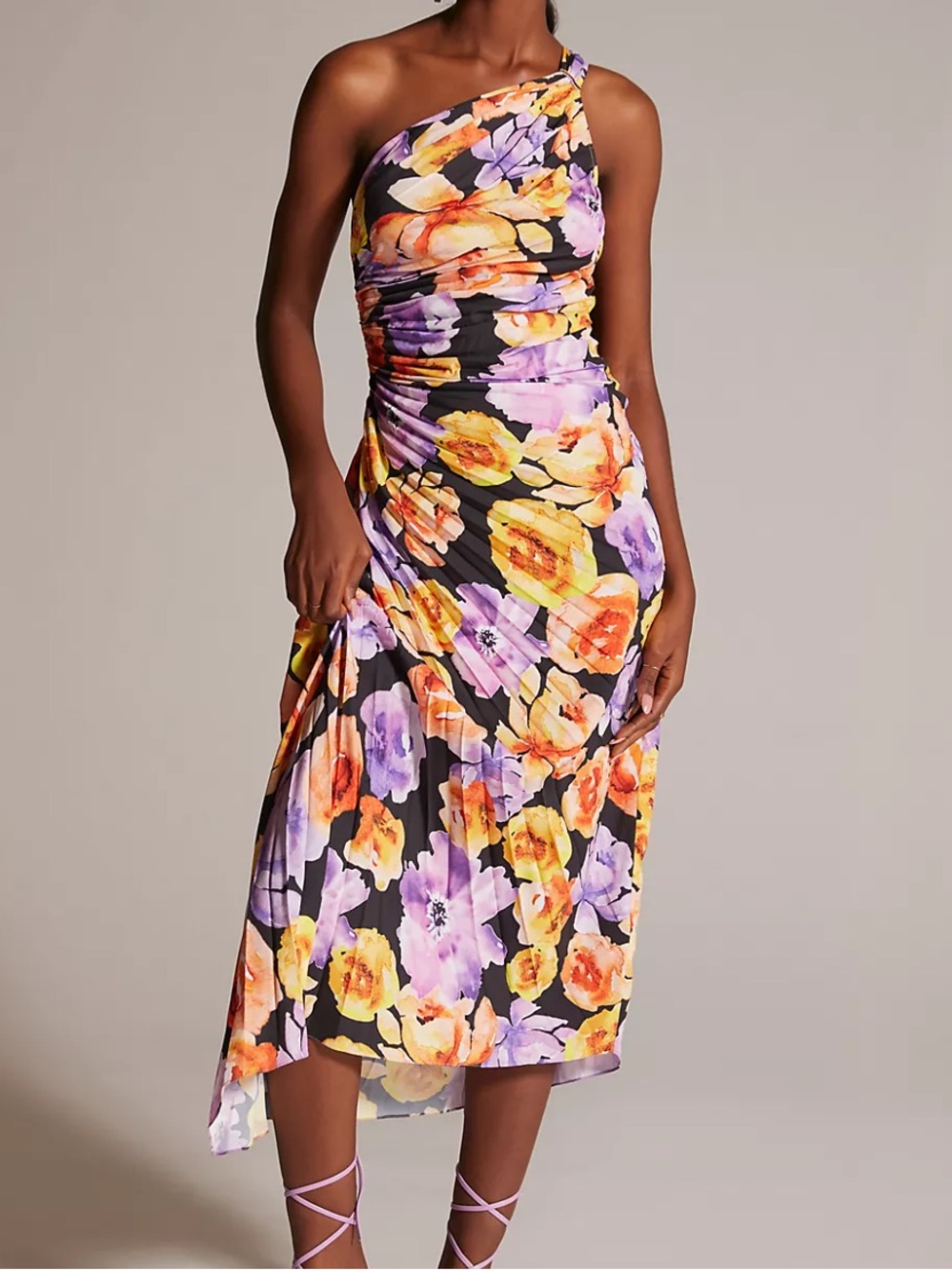 Geisha Designs Anthropologie Asymmetrical Hem One Shoulder Midi Dress Floral XS